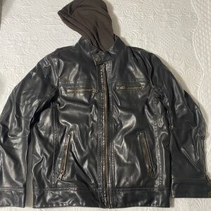 Sonoma Men’s Faux Leather bomber with hood.